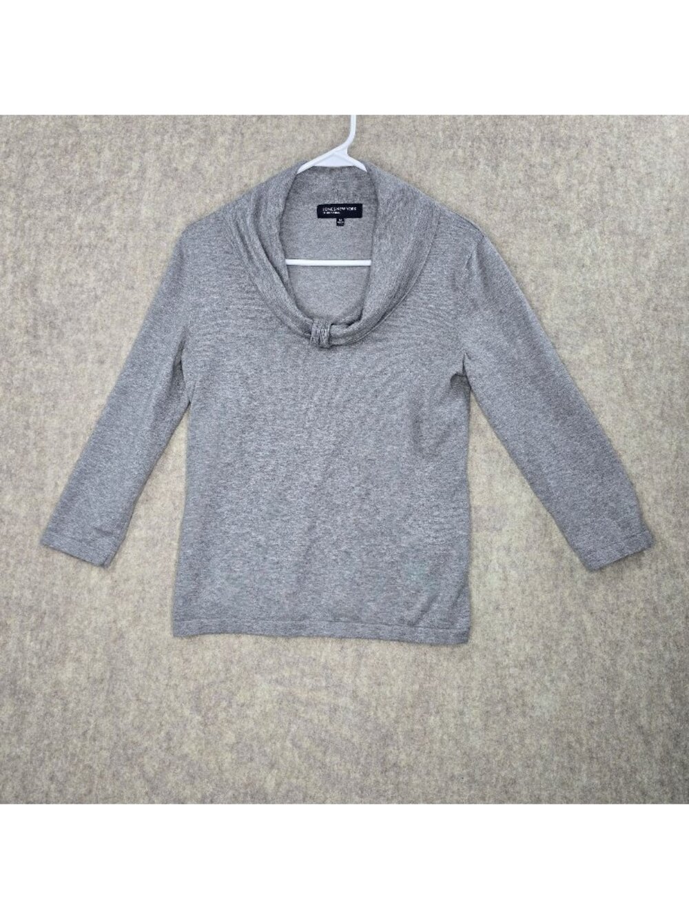 Jones New York Womens Gray Cowl Neck Sweater Medium Cotton Blend 3/4 Sleeve